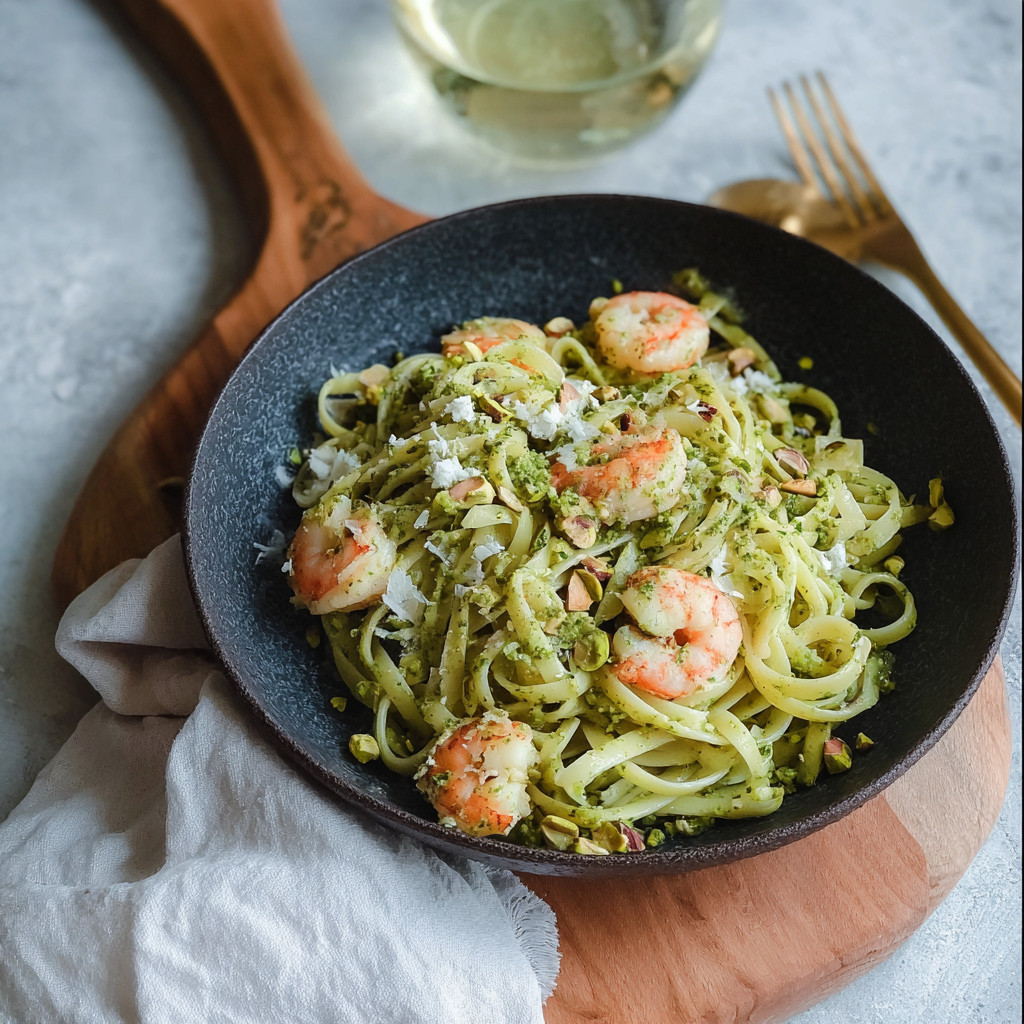 Fusion Gastronomie : Linguine aux Crevettes et Pesto Coriandre-Pistache