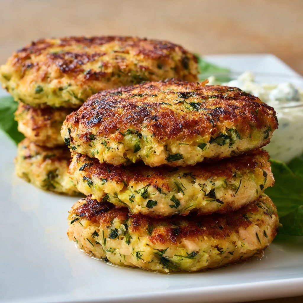 Close-up of Greek salmon patties with fresh dill, feta cheese, and a creamy yogurt sauce