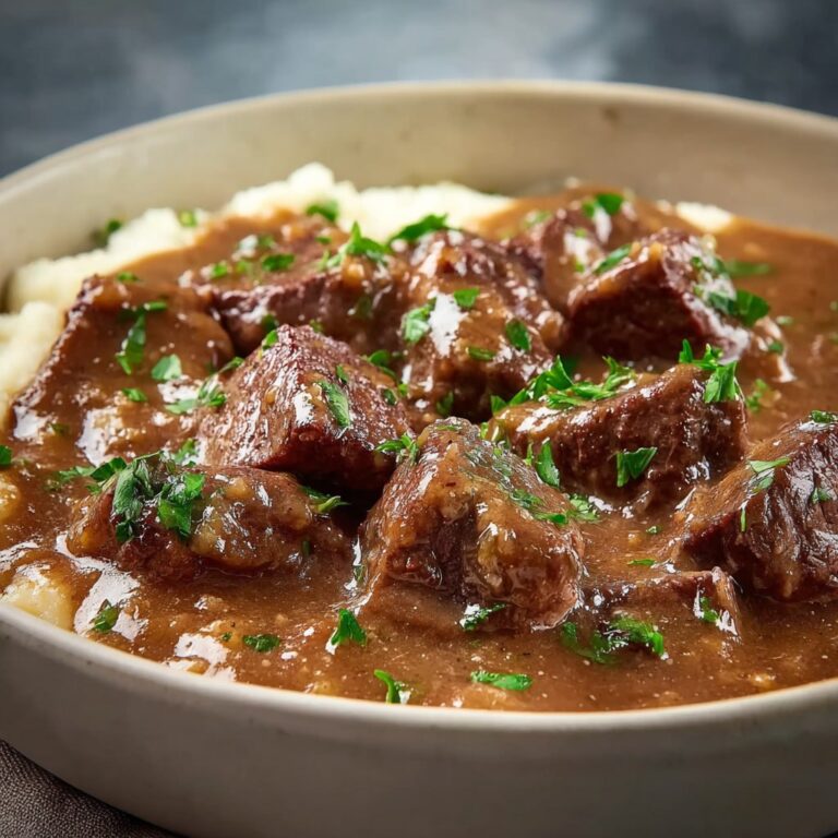 Tender beef tips in rich brown gravy served over creamy mashed potatoes with parsley garnish