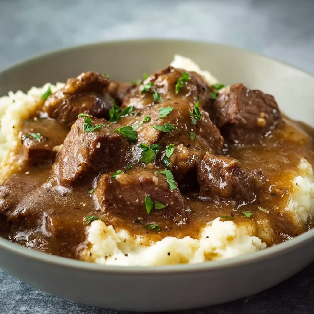 Close-up of beef tips and gravy in a cast iron skillet with mushrooms and caramelized onions