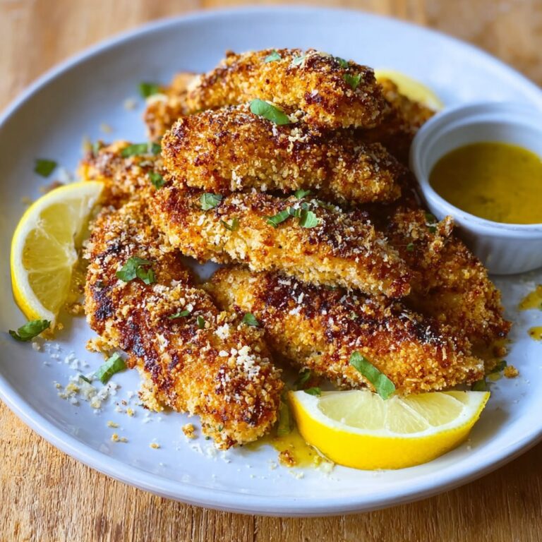 Crispy lemon parmesan chicken tenders on a wooden board with lemon wedges and fresh parsley