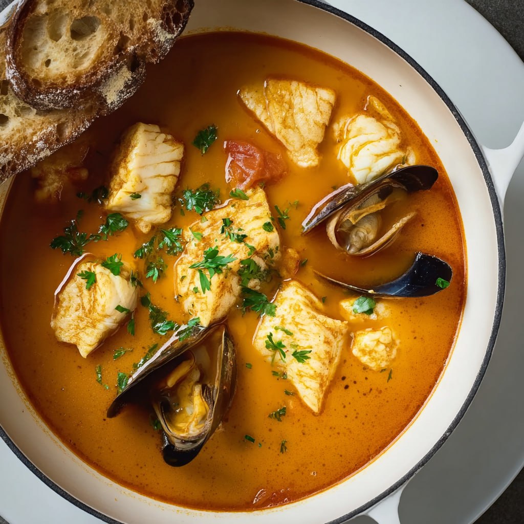 Close-up of bouillabaisse fish soup in a rustic bowl with fennel, tomato, saffron threads, and parsley