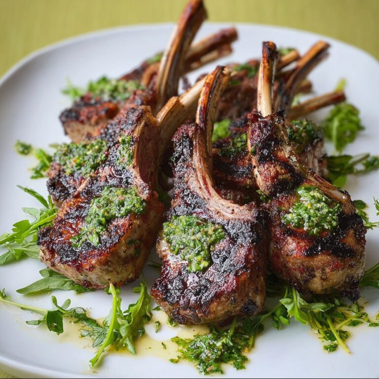 Grilled lamb chops with charred grill marks served with vibrant green herb chimichurri sauce