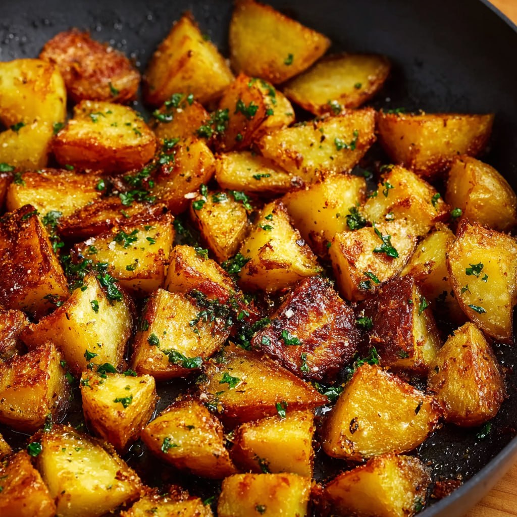 Close-up of crunchy fried potato cubes with caramelized edges, parsley, and garlic flakes