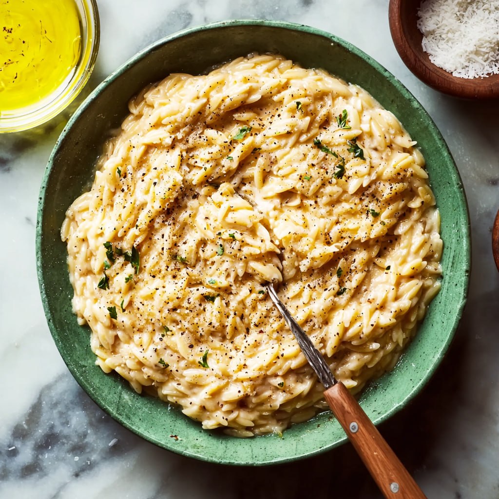 Close-up of velvety cacio e pepe orzo with melted pecorino, butter, and freshly cracked peppercorns