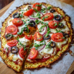 Crispy gluten-free cauliflower pizza crust topped with mozzarella, basil, and cherry tomatoes