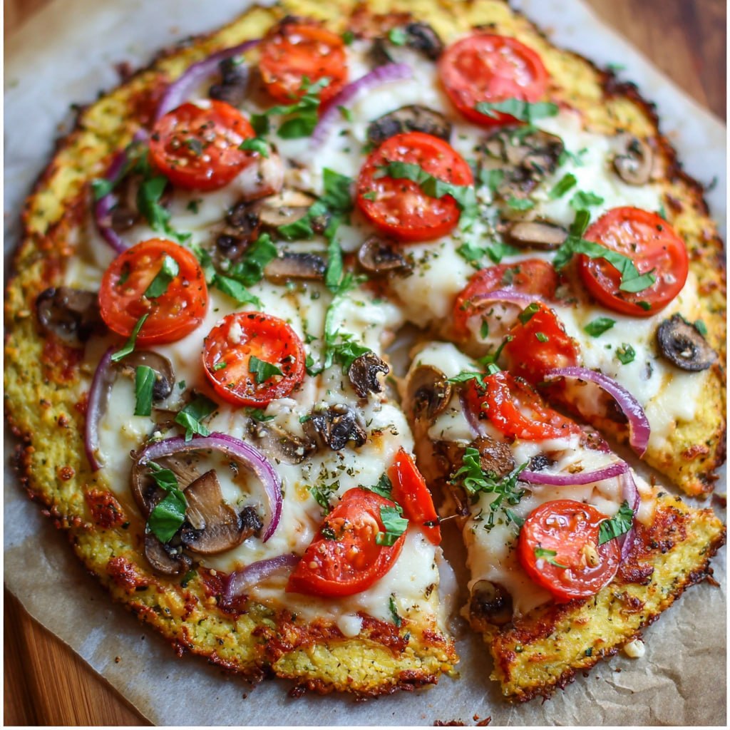 Close-up of cauliflower pizza crust slice held up showing golden crust, melted cheese, and fresh herbs