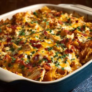 Bubbling BBQ ranch chicken casserole topped with melted cheddar, bacon, and green onions in a baking dish