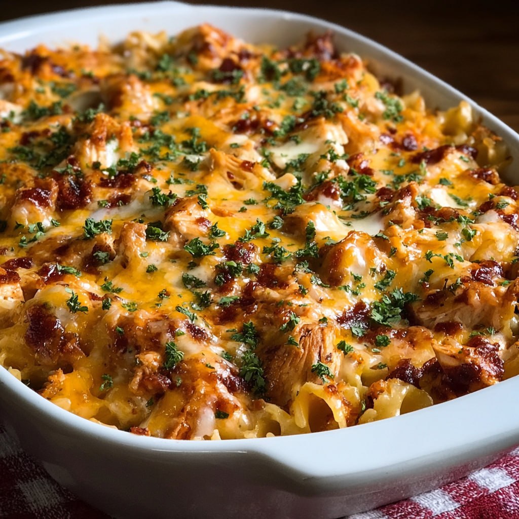Close-up serving of BBQ ranch chicken casserole on a plate with creamy ranch drizzle and crispy bacon bits