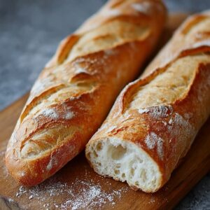 Two golden-crust homemade baguettes on parchment paper showing crispy crust and airy interior
