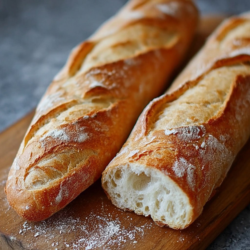 Sliced homemade baguette revealing open, irregular crumb with classic French boulangerie texture