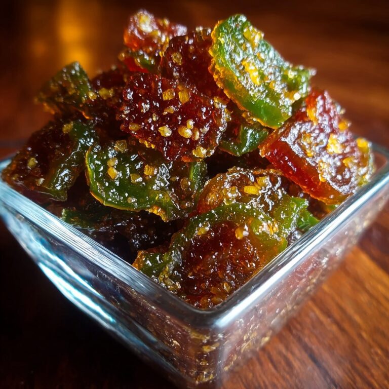 Mason jars of sweet cowboy candy candied jalapeños in glossy amber syrup with sliced peppers visible