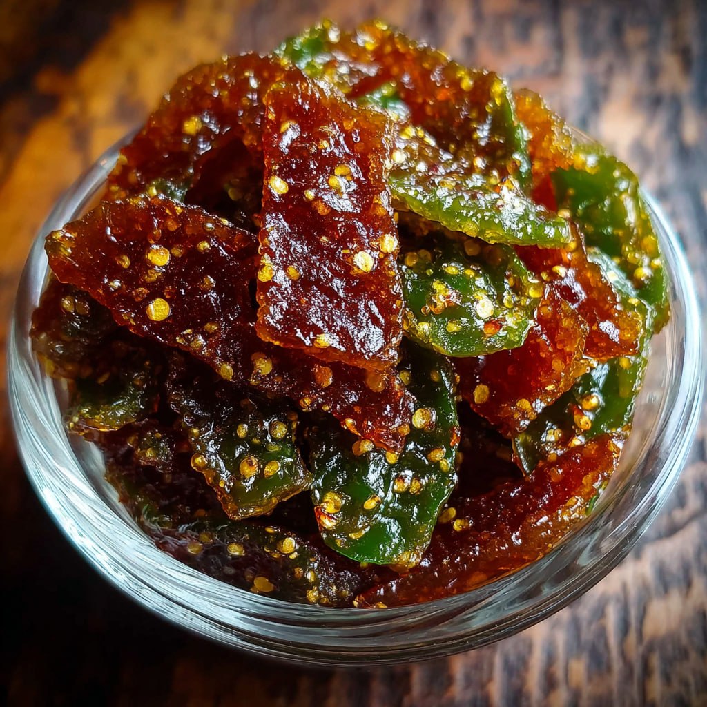 Close-up of candied jalapeño slices on a cracker with cream cheese, glistening with sweet syrup