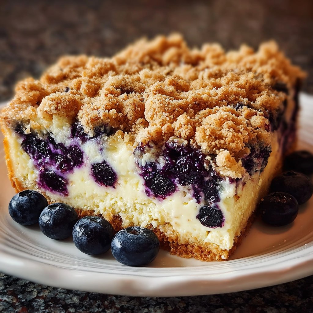 Slice of blueberry cream cheese crumb cake showing tender cake, cream cheese pocket, and bursting blueberries