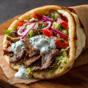 Authentic Greek gyros wrapped in pita bread with sliced meat, tomato, onion, lettuce, and tzatziki sauce