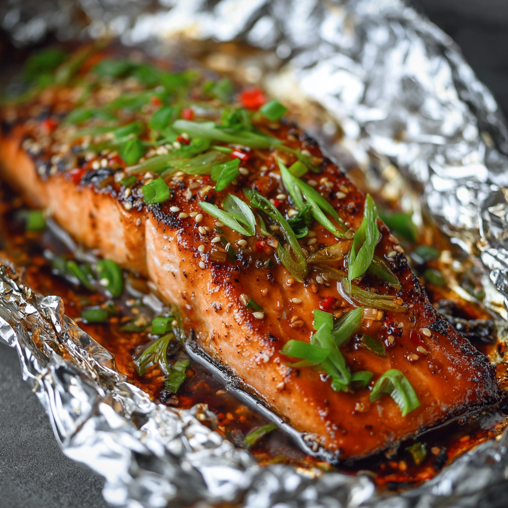 Perfectly cooked Asian glazed salmon fillet with ginger garlic sauce served with steamed rice