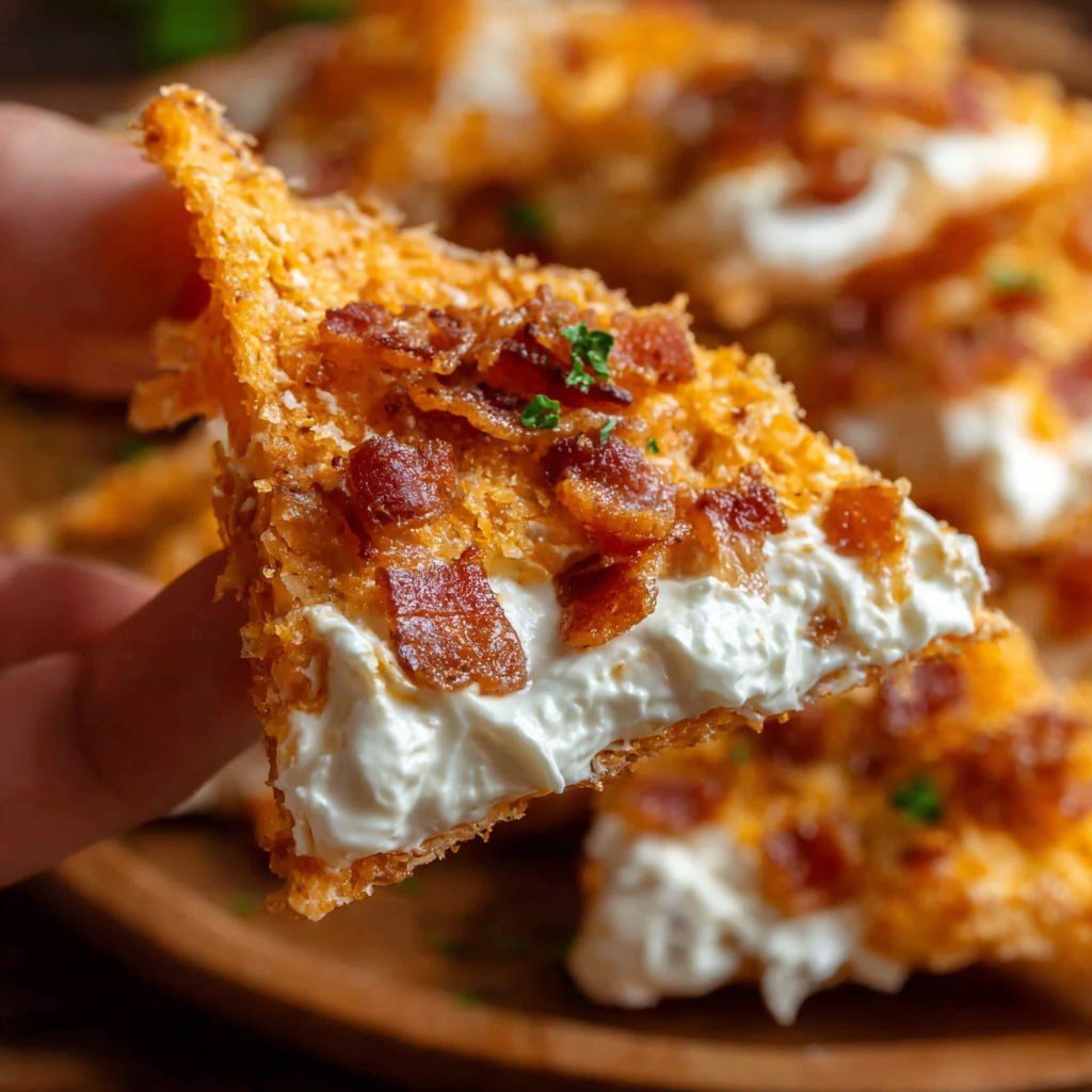 Bacon cream cheese Doritos bites on a platter party snack crushed Nacho cheese chips