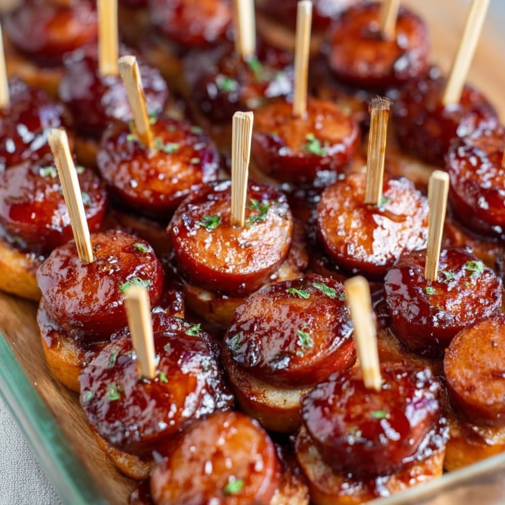 Sticky BBQ sausage bites glazed in sweet smoky BBQ sauce on a serving platter