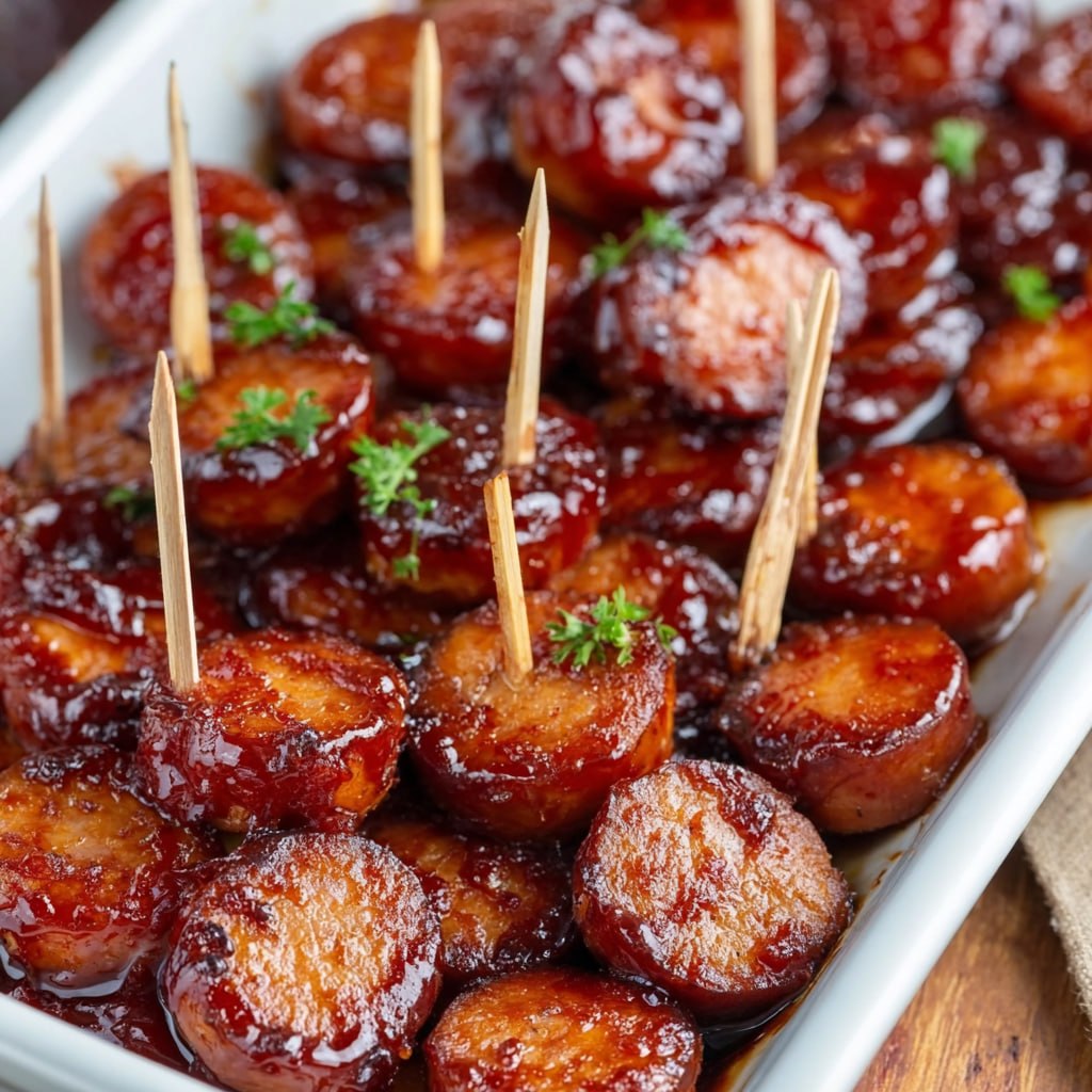 BBQ sausage bites close-up sticky glazed caramelized with toothpicks party appetizer