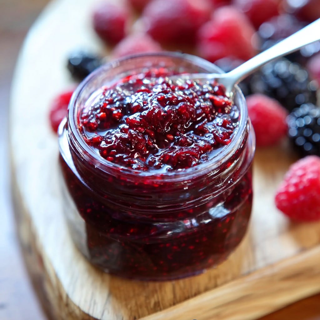Homemade berry jam spread on toast showing thick, glossy texture