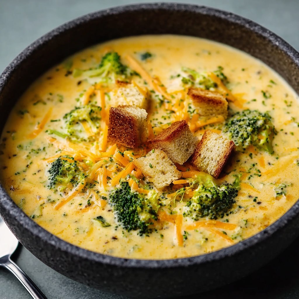 Close-up of thick and cheesy broccoli cheddar soup with visible broccoli florets
