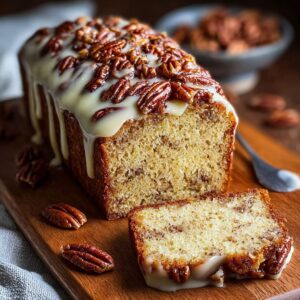 Butter pecan cake loaf sliced showing tender crumb with toasted pecans throughout