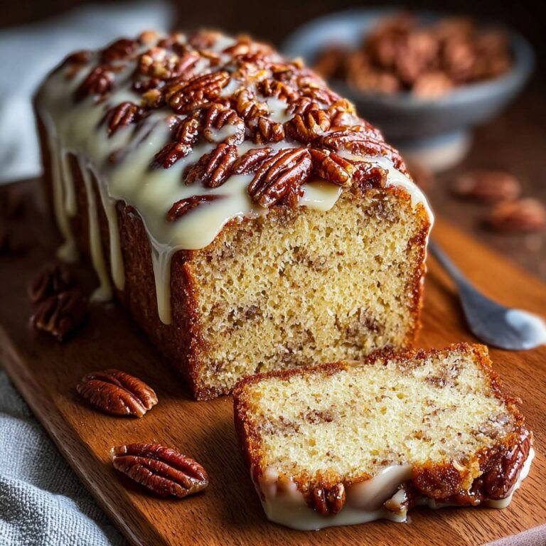 Butter pecan cake loaf sliced showing tender crumb with toasted pecans throughout