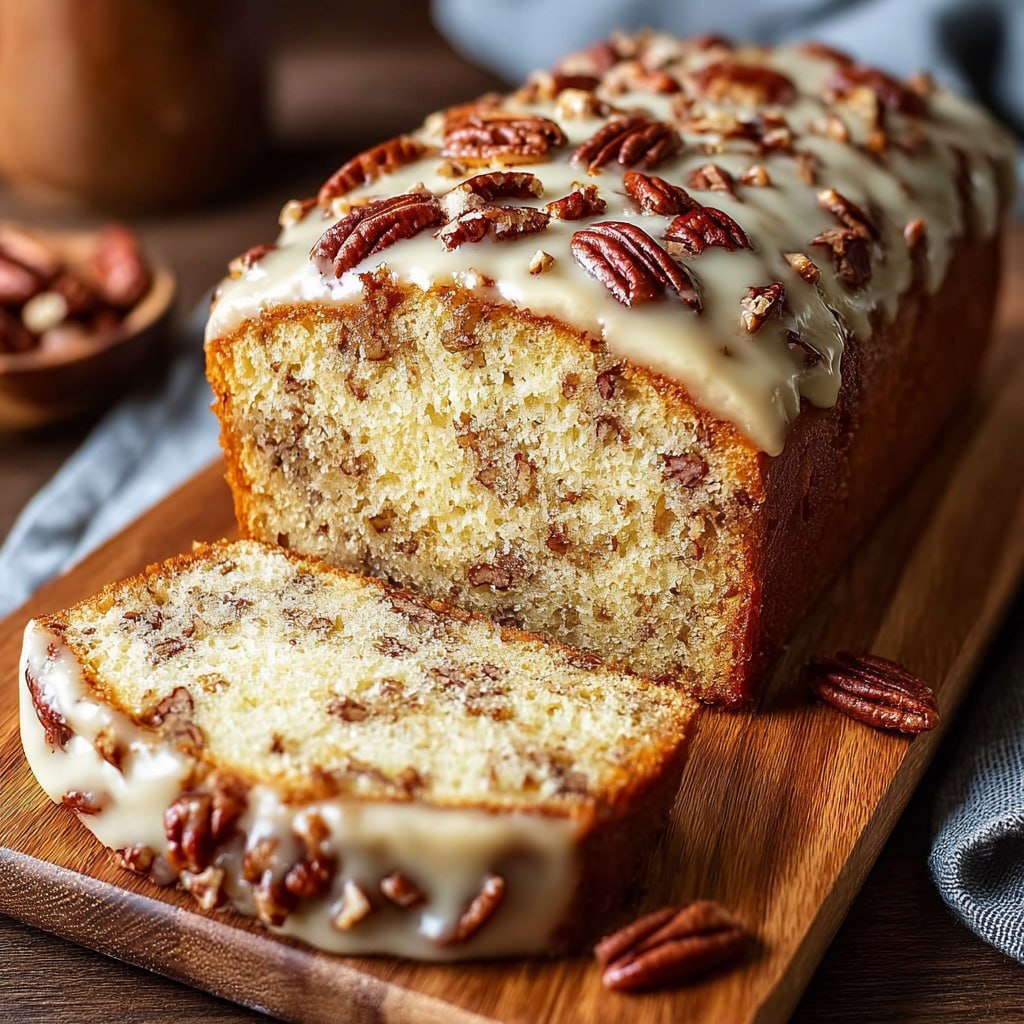 Whole butter pecan loaf cake with brown butter glaze and pecan topping on a cooling rack