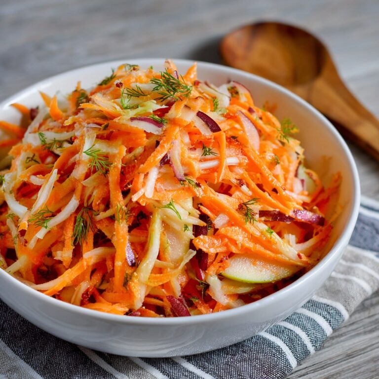 Fresh carrot apple salad in a white bowl with shredded carrots, apple slices, raisins and a light honey dressing