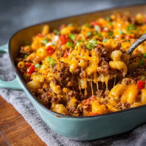 Cheeseburger casserole bubbling hot from the oven with melted cheddar on top