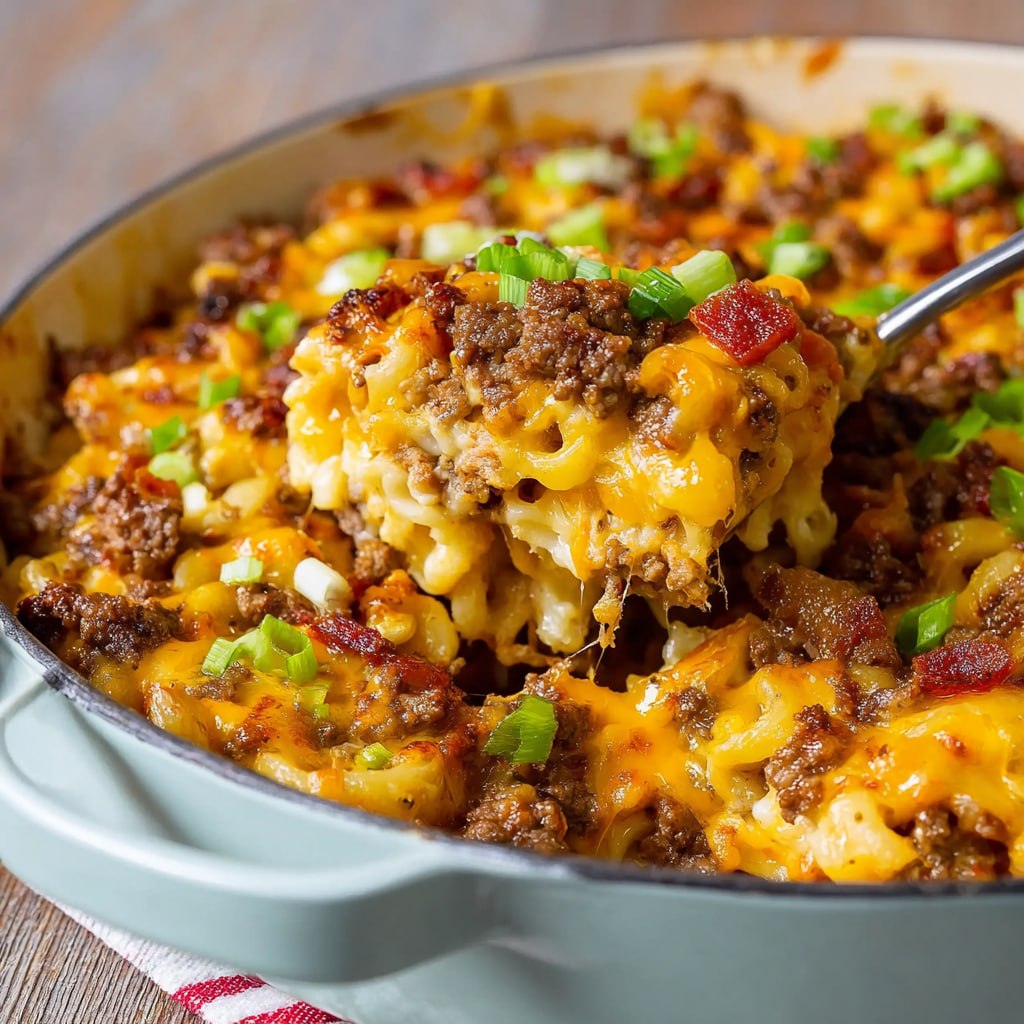 Serving of cheeseburger casserole on a plate showing layers of beef and cheese