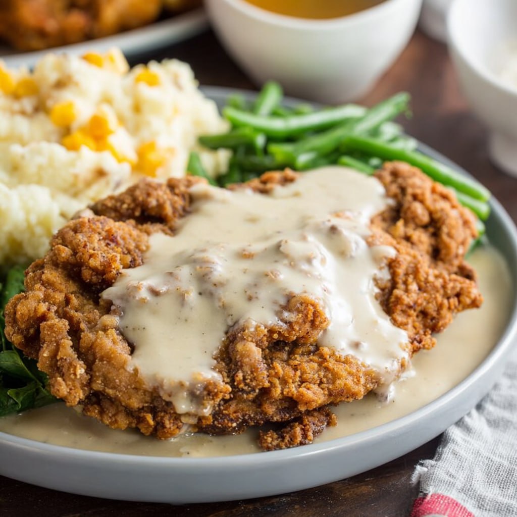Chicken fried steak with creamy white gravy served on a plate Southern style