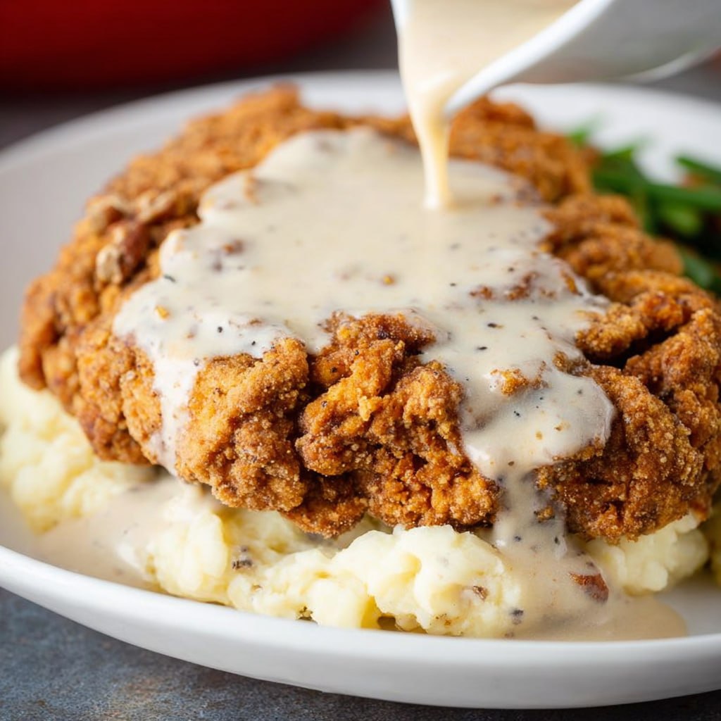 Chicken fried steak sliced showing tender inside with thick white gravy poured over