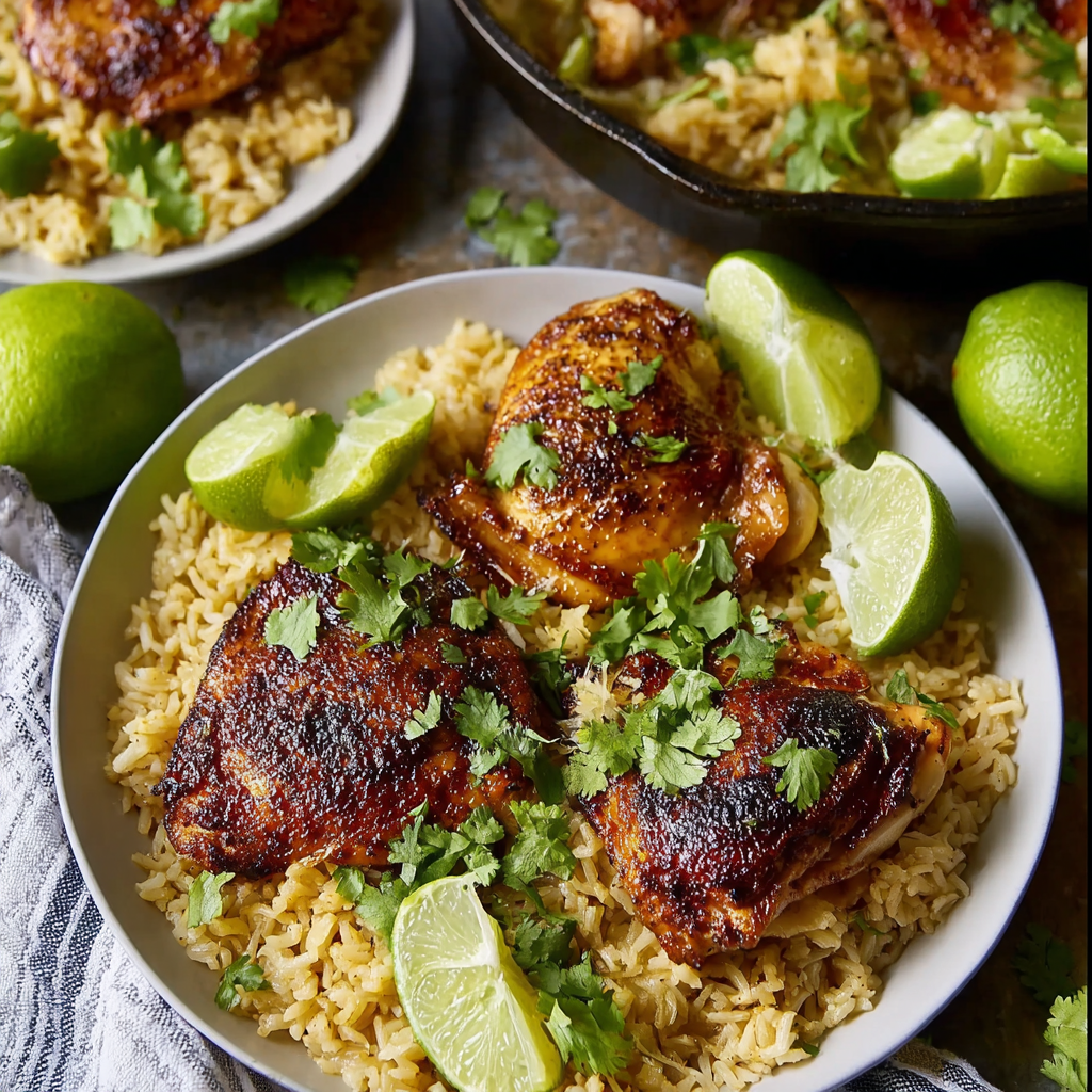 Cilantro lime chicken served over rice garnished with fresh cilantro lime wedges and avocado slices