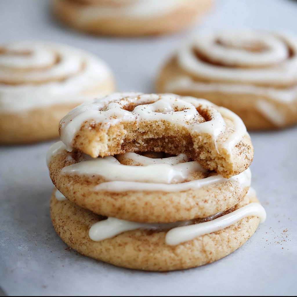 Cinnamon roll cookies drizzled with cream cheese glaze on a cooling rack