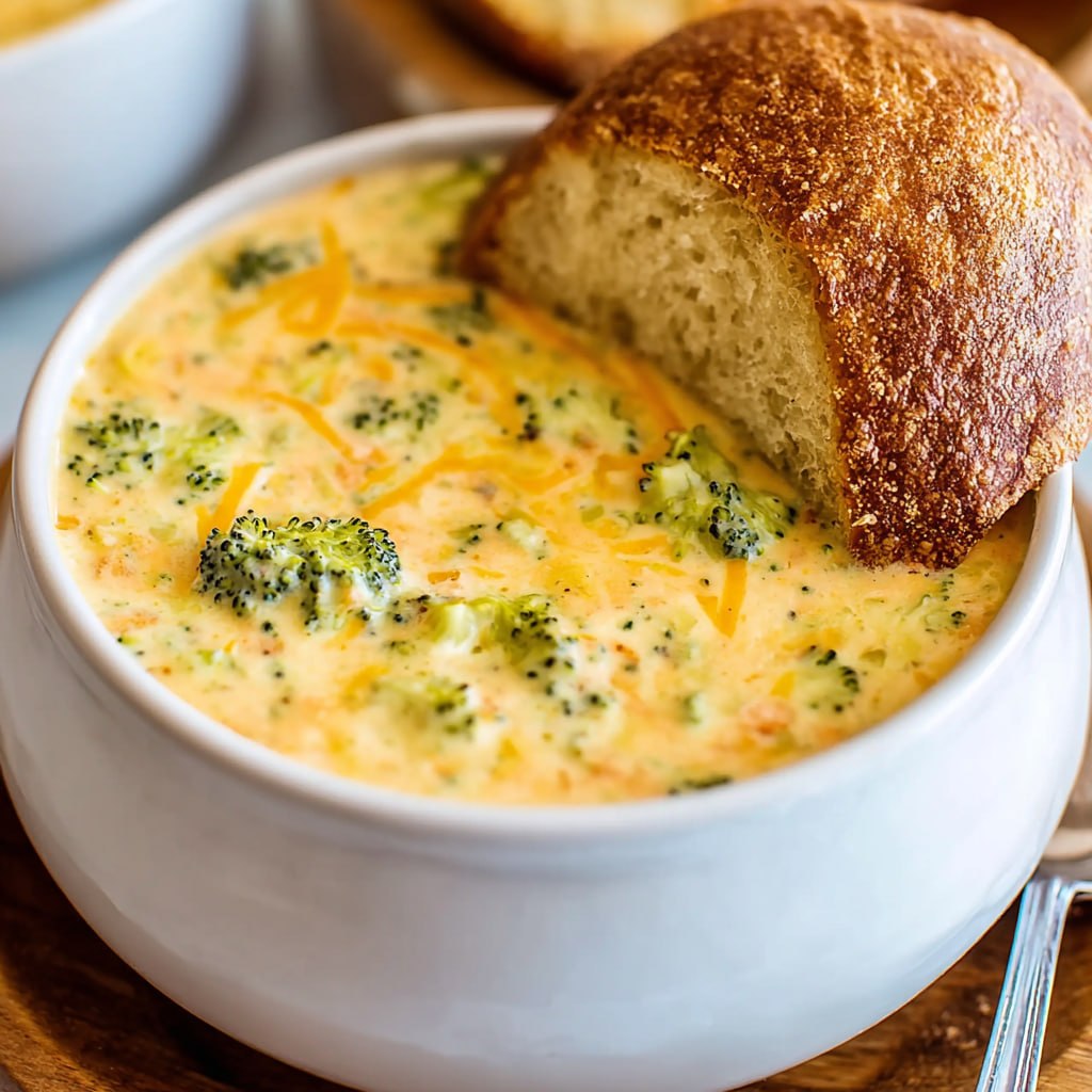 Homemade broccoli cheddar soup thick creamy and cheesy served in a bowl with crusty bread on the side