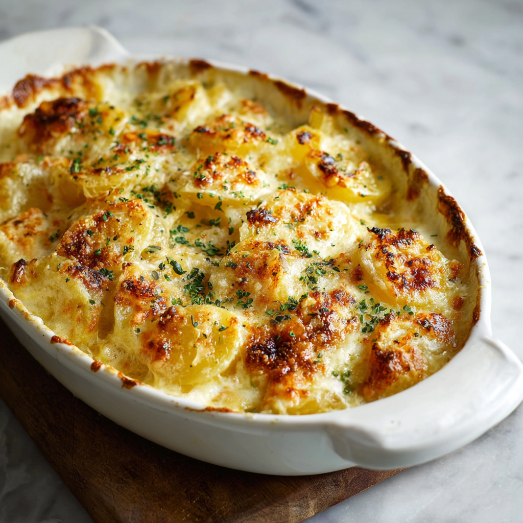 Creamy Potato Gratin in a baking dish with golden bubbling cheese crust and layers of thinly sliced potatoes