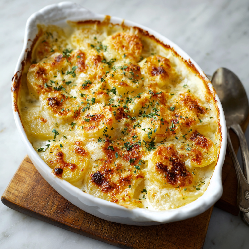 Close-up of creamy potato gratin slice showing rich cream sauce and melted cheese layers between tender potato slices