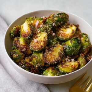 Crispy air fryer Brussels sprouts with golden caramelized edges served in a bowl with balsamic glaze