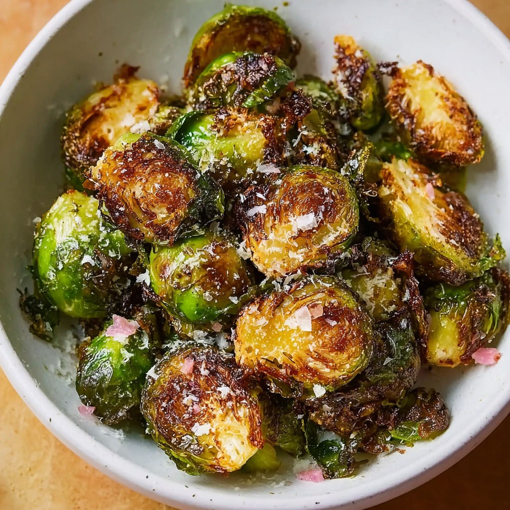 Close-up of crispy air fryer Brussels sprouts with perfectly caramelized exterior and tender center