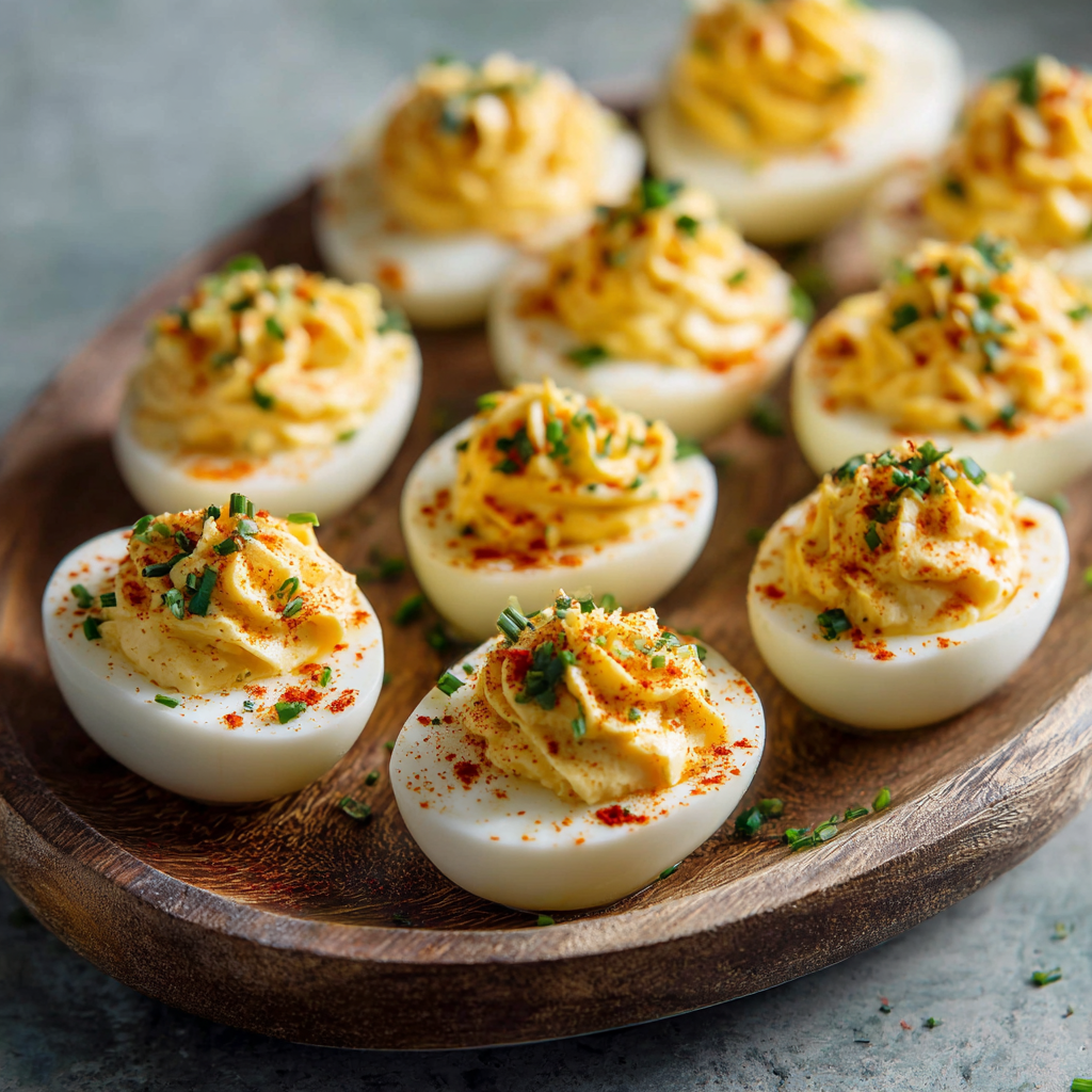 Close-up of creamy deviled egg filling piped into egg white halves with a sprinkle of paprika