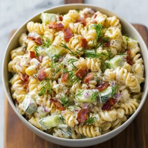 Creamy dill pickle bacon pasta salad in a large bowl with chopped pickles crispy bacon and fresh dill