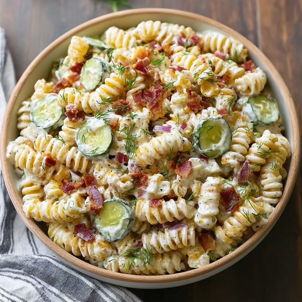Close-up of tangy dill pickle pasta salad with bacon pieces rotini pasta and creamy dressing