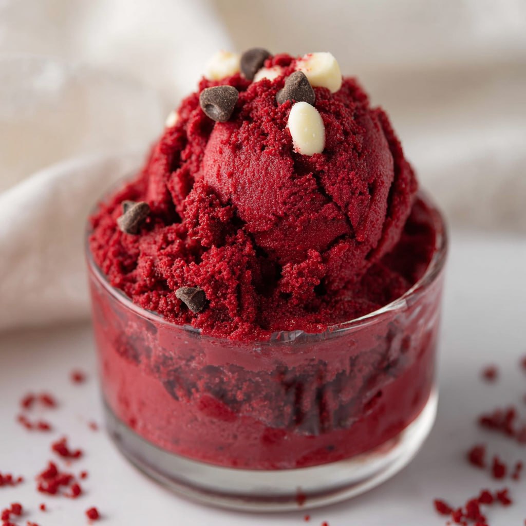 Edible red velvet cookie dough in a bowl with chocolate chips and cream cheese swirl