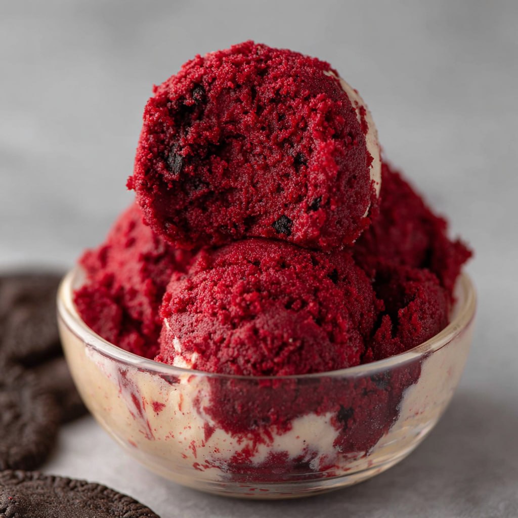 Edible red velvet cookie dough scooped into cups topped with mini chocolate chips