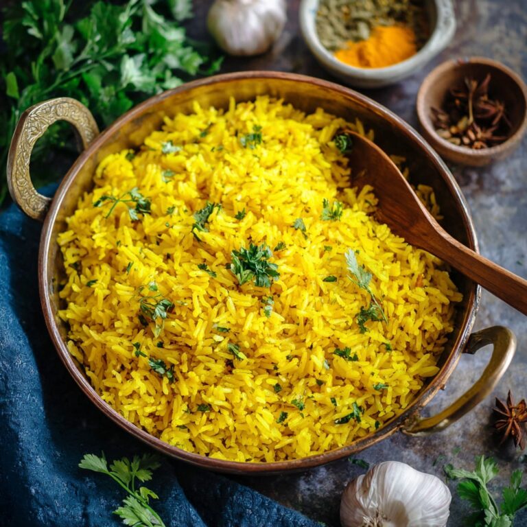 Garlic turmeric rice in a white bowl garnished with fresh herbs and golden color
