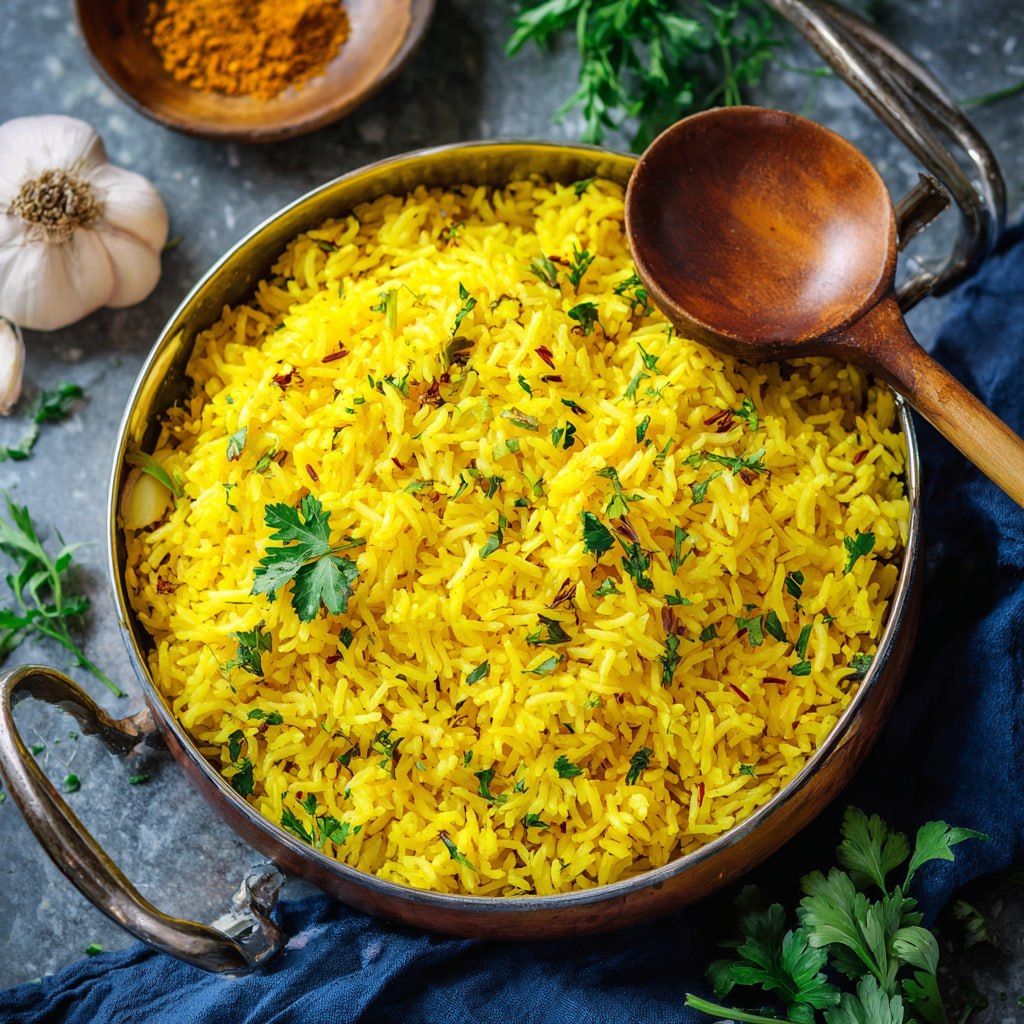 Fluffy golden garlic turmeric rice served alongside chicken in a dinner setting
