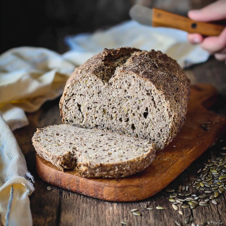 Homemade gluten-free vegan bread loaf sliced on a wooden board