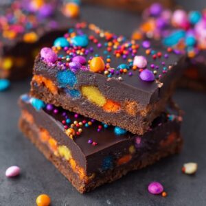 Gourmet cosmic brownies with fudgy chocolate base topped with rainbow candy coated chocolate pieces and glossy ganache
