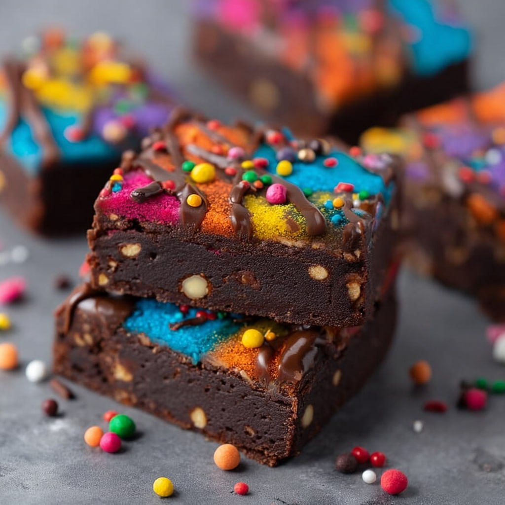 Sliced gourmet cosmic brownies showing ultra fudgy dense chocolate interior with colorful candy topping